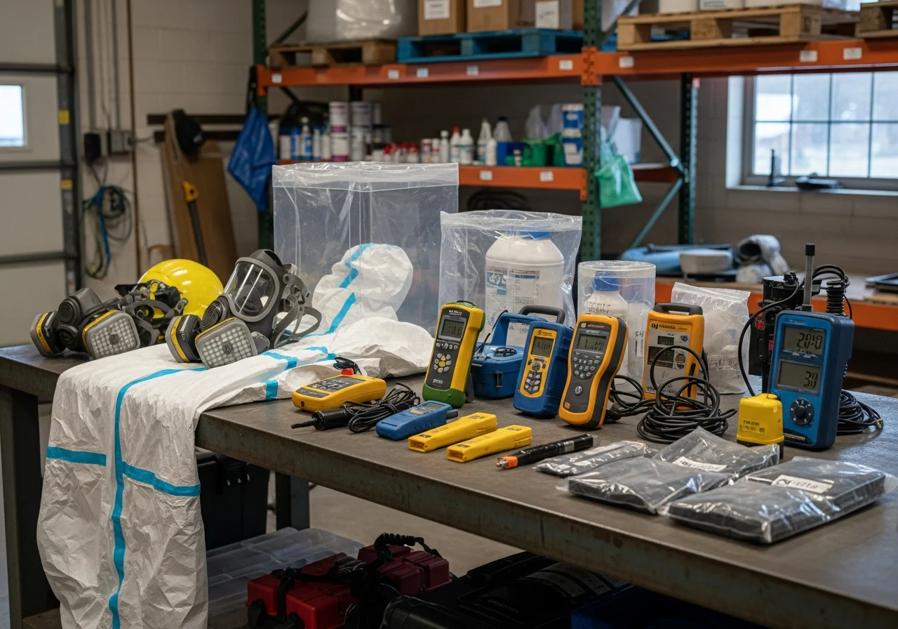 Environmental remediation equipment and safety gear arranged on a work surface, representing professional hazmat removal services.