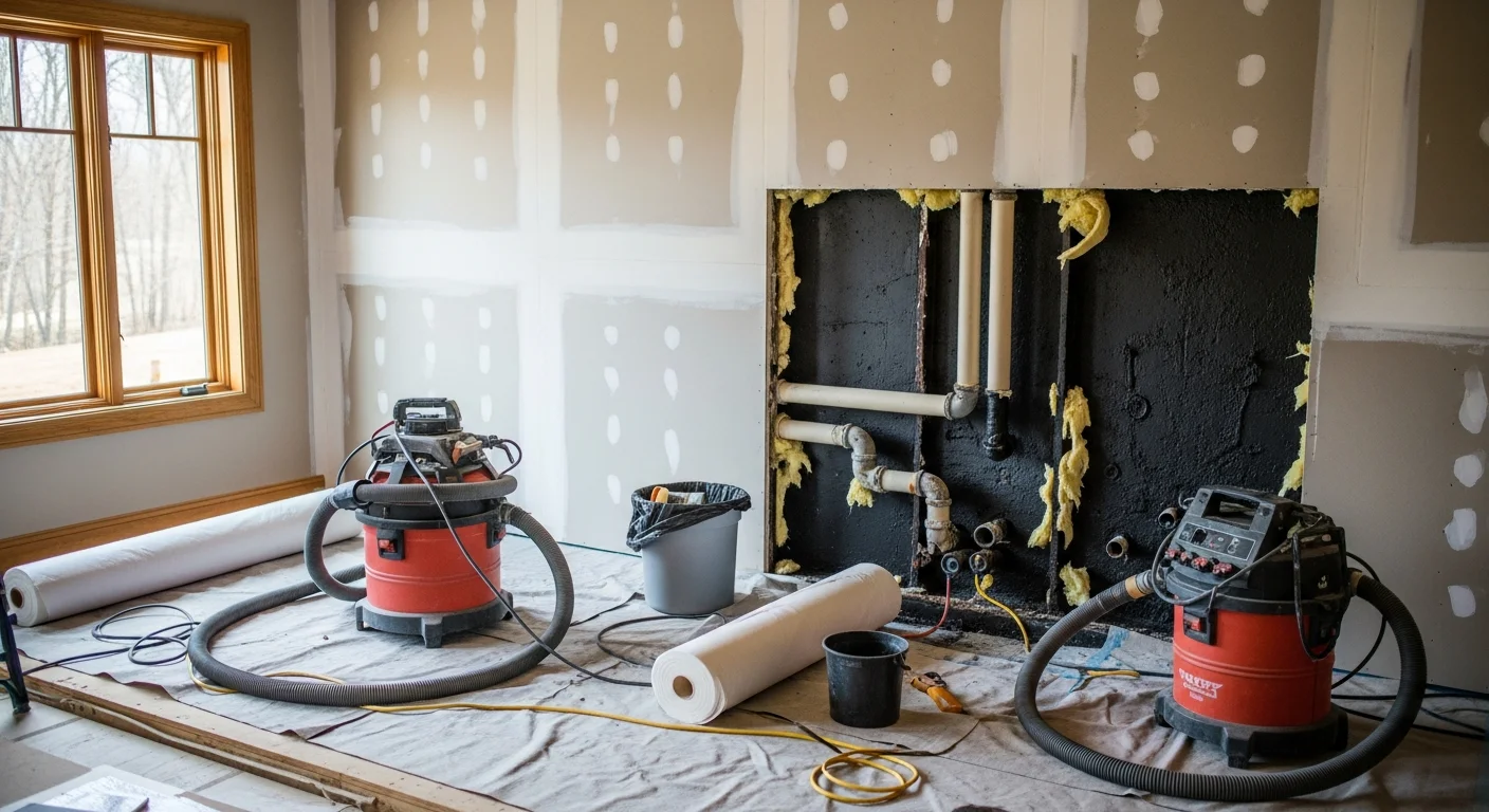 Certified asbestos removal specialist in protective equipment removing contaminated ceiling material