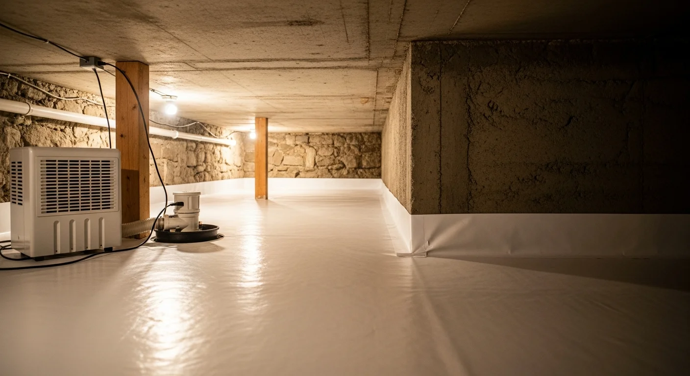 Crawl space encapsulation with white vapor barrier installed on floor and walls
