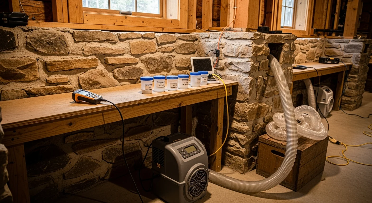 Professional mold remediation technician conducting air quality testing in a residential property