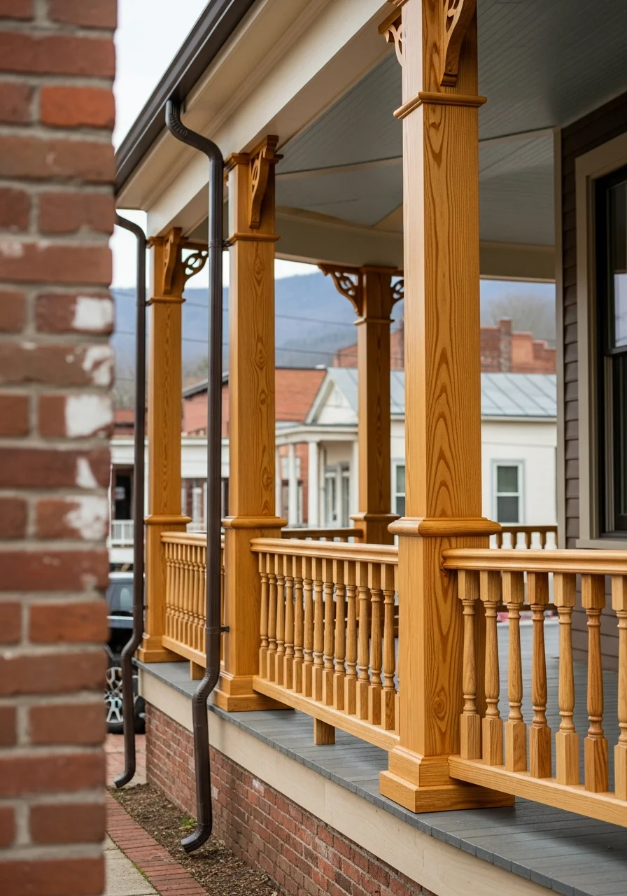 Detail of restored wooden porch columns and railings on a downtown Asheville Victorian property.