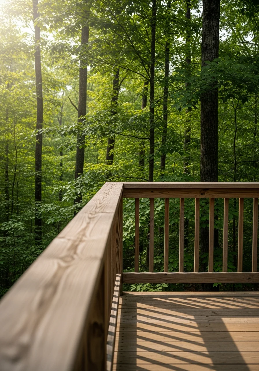 Wooden deck and railing overlooking forest canopy at a Brevard residential property.