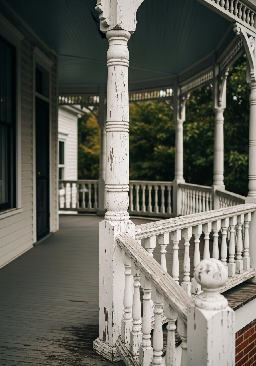 Front porch detail with columns and railings on a Hendersonville historic property.