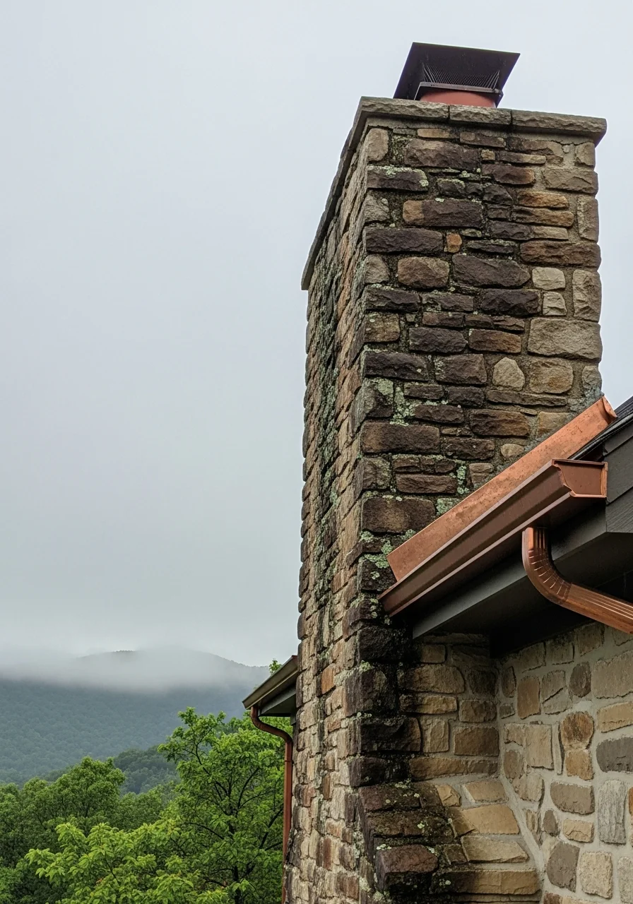 Close-up of weathered stone chimney and gutter system on a Highlands mountain residence.