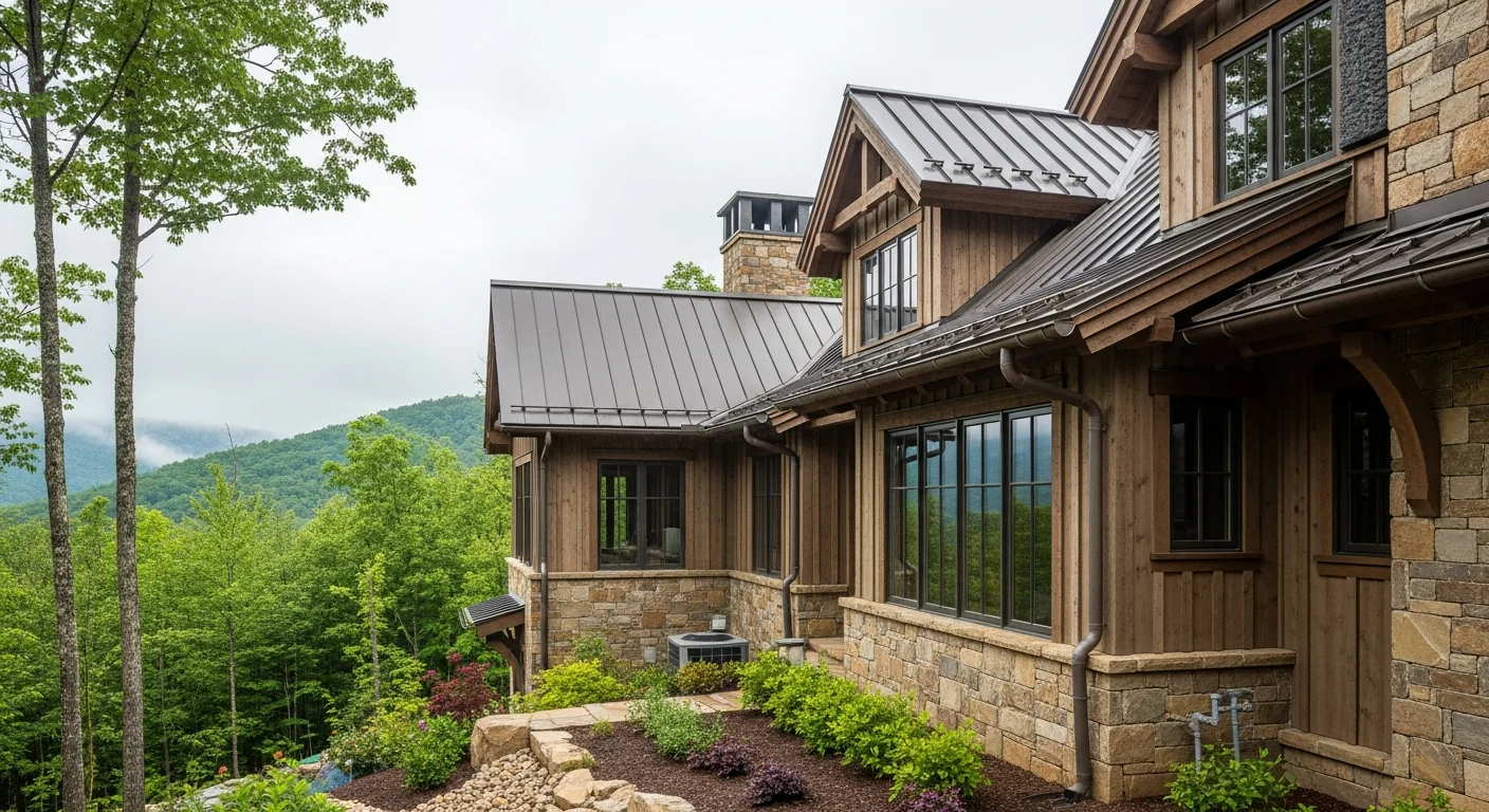 Mountain home nestled among evergreen trees with stone foundation and metal roof in Highlands, NC.