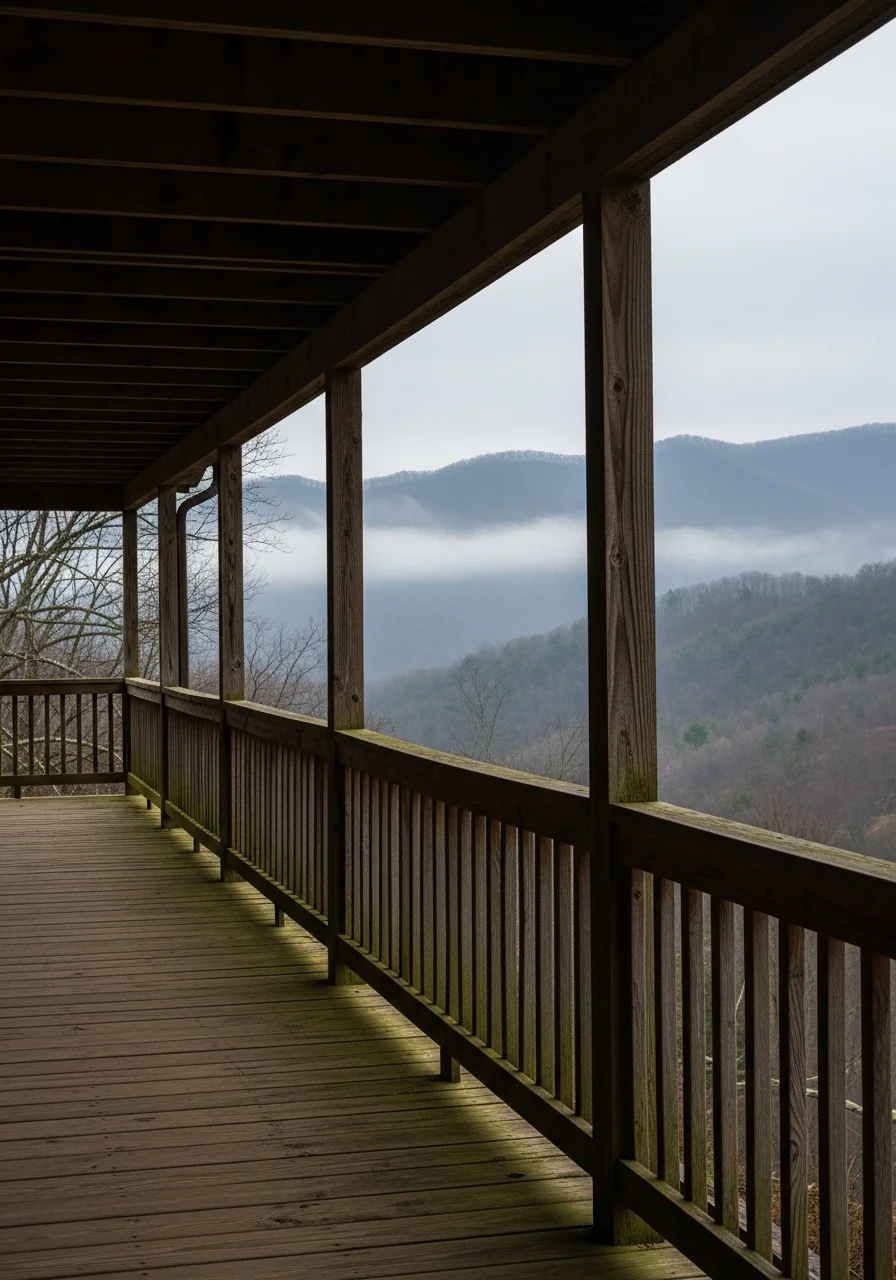 Wooden porch and railings on a Swannanoa mountain property with valley views.