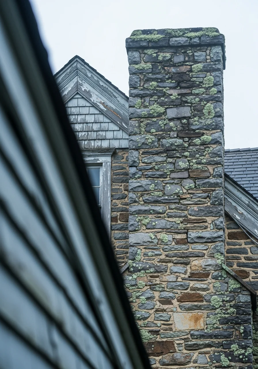 Stone chimney and gable detail on a Waynesville historic property exterior.
