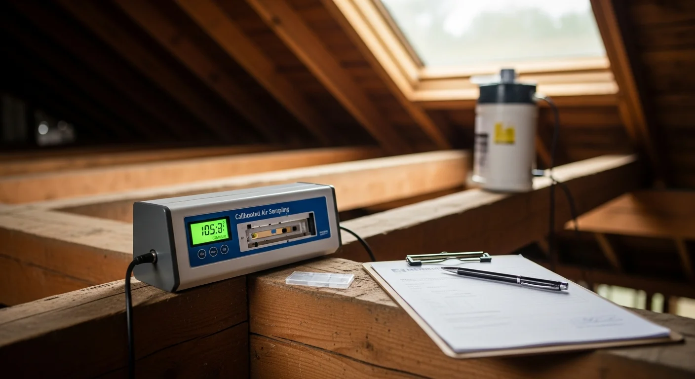A mold testing technician collecting an indoor air sample in a Highlands, NC home with visible wood-framed walls and a crawl space access panel in the background. The image shows calibrated air sampling equipment positioned in the center of the room during an active mold air quality assessment.