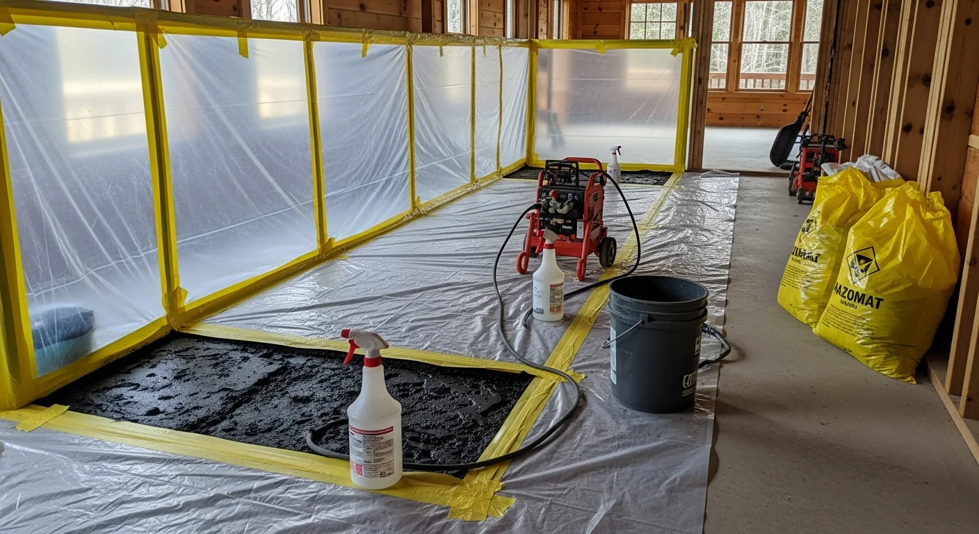 A concrete subfloor in a Highlands, NC home after asbestos black mastic removal, showing a clean surface cleared of dark adhesive residue. Plastic containment sheeting is visible along the walls of the work area.