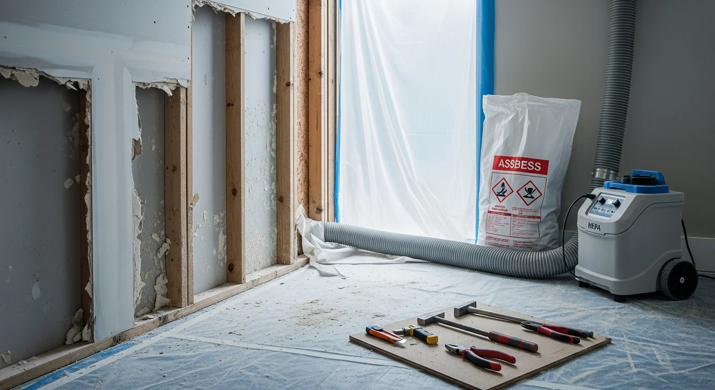 Asheville Global Environmental technician in full protective gear removing asbestos ceiling material inside a pre-1980 home in Highlands, NC. Sealed containment plastic covers walls and floors during the drywall removal process.