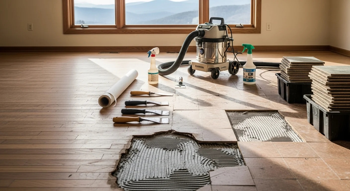 A licensed asbestos removal technician in full protective gear carefully removing old vinyl floor tiles from the interior of a residential property in Highlands, NC. The subfloor is partially exposed, showing the dark mastic adhesive layer beneath the removed tiles.