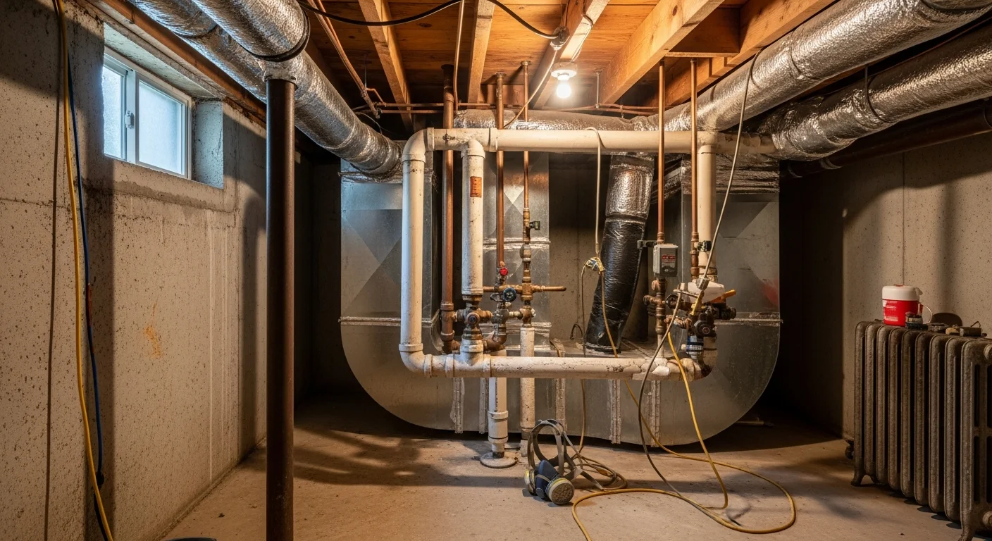 A licensed asbestos removal technician in full protective gear carefully removing deteriorated pipe insulation from a crawl space in an older Highlands, NC mountain home. Containment sheeting is visible in the background.