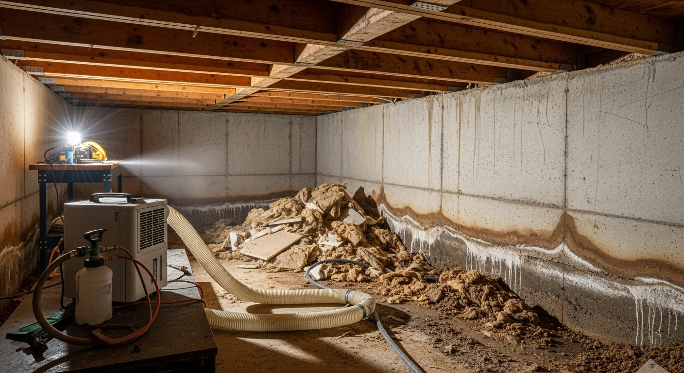 A cleaned crawl space beneath a Highlands, NC mountain home showing cleared soil floor, treated wood joists, and removed debris. The space is dry and free of insulation damage, mold staining, and pest nesting materials.
