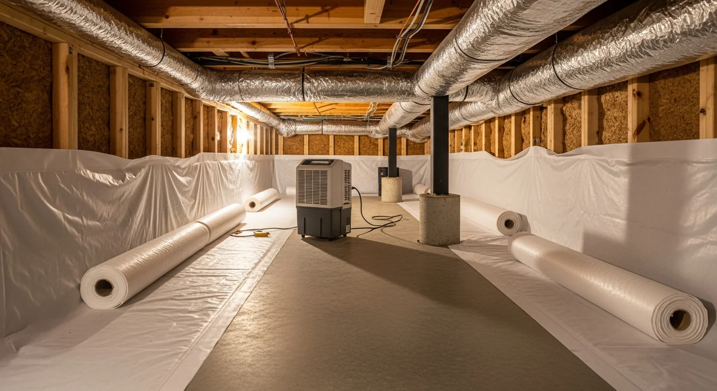 Sealed crawl space beneath a Highlands, NC home showing a white vapor barrier covering the soil floor and lower walls. A dehumidifier unit sits in the corner of the fully encapsulated space.