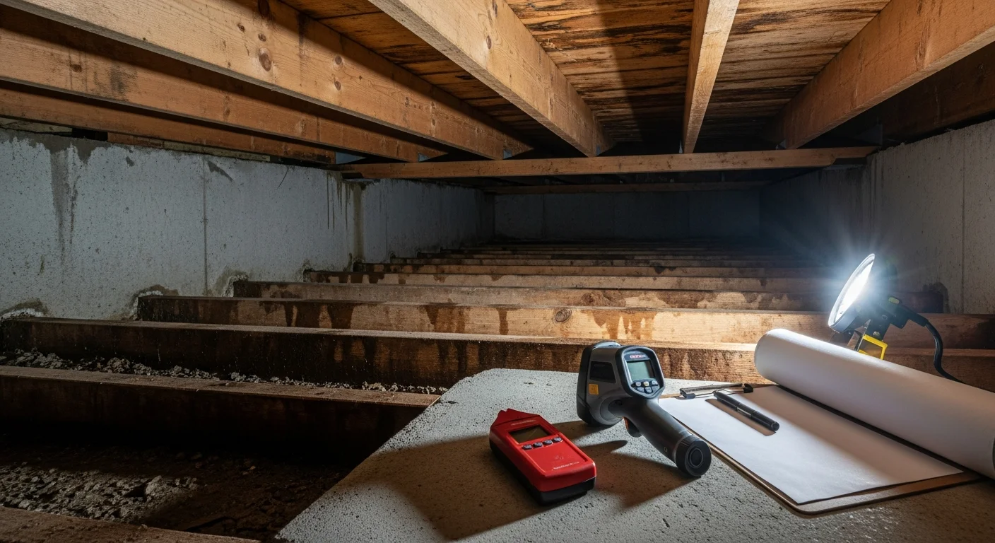 A crawl space technician inspecting floor joists and a vapor barrier beneath a Highlands, NC home, with a flashlight revealing moisture staining on wood beams. The crawl space shows the low-clearance, vented foundation typical of mountain homes in the Highlands area.