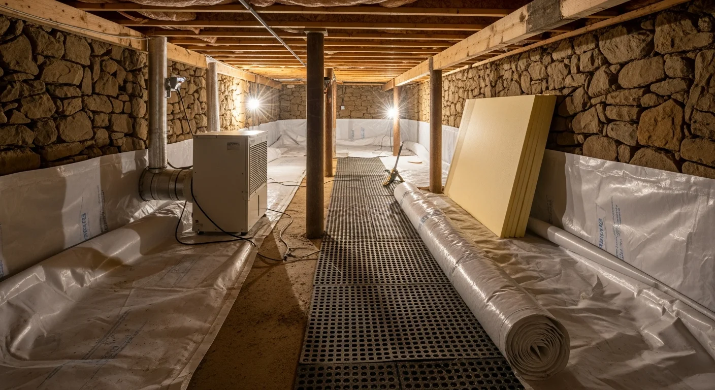 A sealed and vapor-barrier-lined crawl space beneath a mountain home in Highlands, NC, with dry concrete footings and clean floor joists visible. The encapsulated space shows no signs of moisture, mold, or standing water.