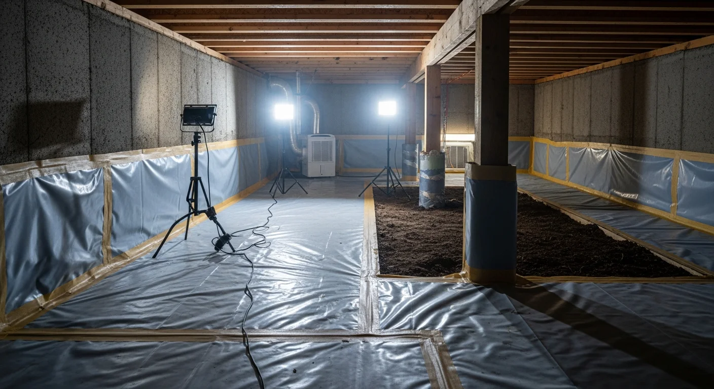 A freshly installed white vapor barrier liner covering the dirt floor and foundation walls of a crawl space beneath a mountain home in Highlands, NC. The sealed surface runs wall to wall with no exposed soil, showing a clean and dry encapsulated crawl space.