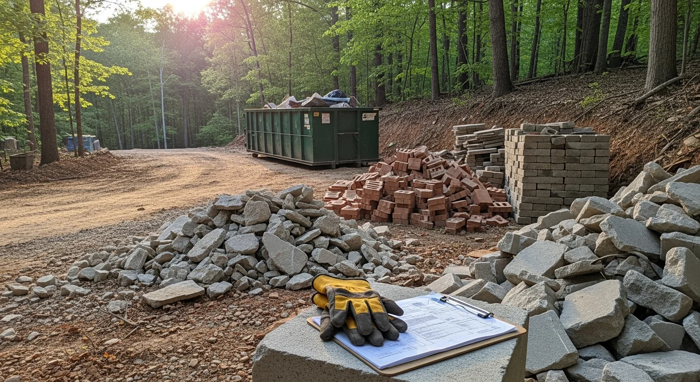 A cleared residential lot in Highlands, NC after demolition cleanup, showing bare graded ground with no debris remaining. Mountain terrain and tree line visible at the property edge.