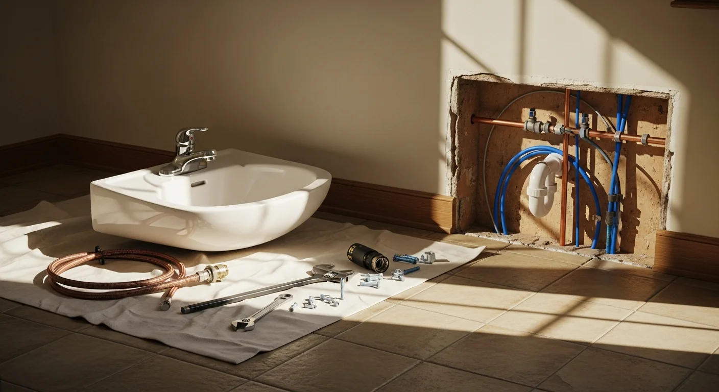 A cleared bathroom interior in a Highlands, NC mountain home after professional fixture removal, showing bare walls and open floor space ready for renovation. Removed sink, vanity, and tub units are staged near the doorway for debris hauling.
