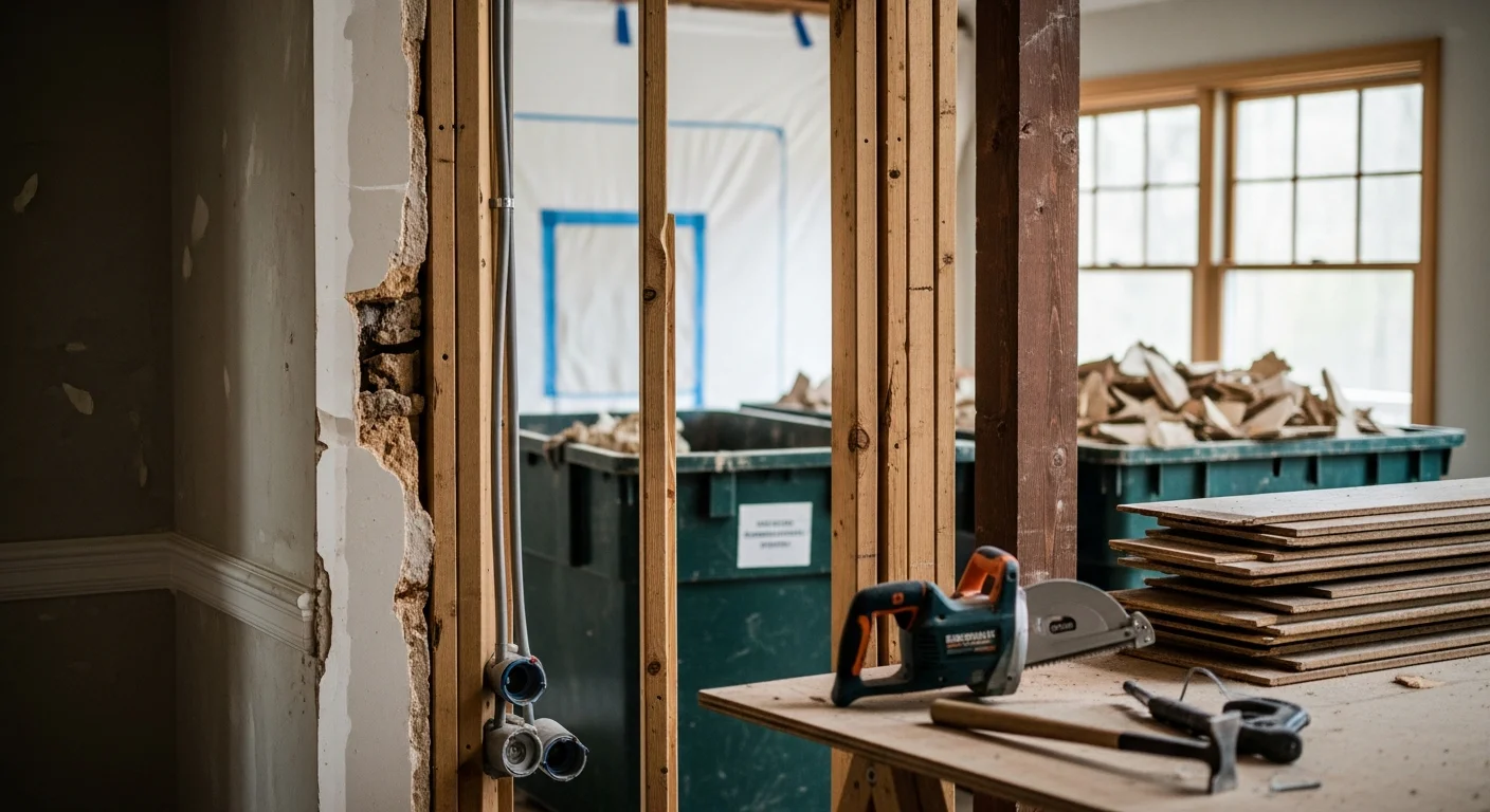 Interior demolition in progress inside a mountain cabin in Highlands, NC, with non-load-bearing walls removed and structural framing left intact. Debris is staged for removal and the subfloor is exposed and clear.
