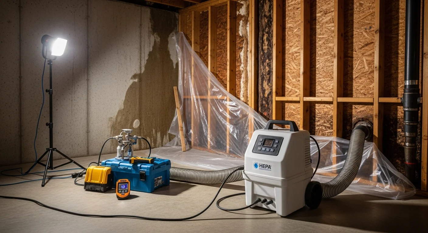 A Highlands, NC crawl space showing visible mold growth on wooden structural members before professional abatement work. A technician in protective gear sets up containment barriers prior to mold removal.