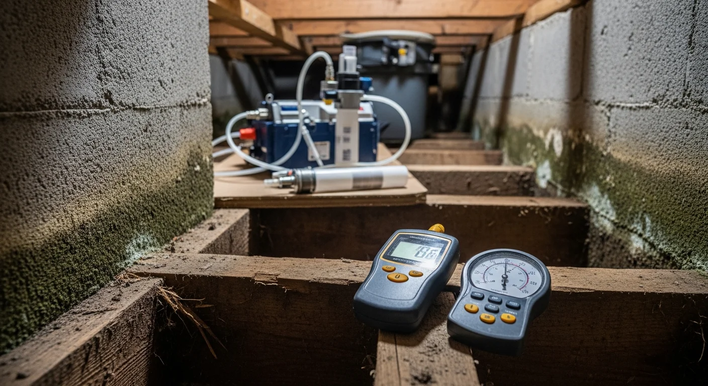 A mold inspector using a moisture meter to assess a crawl space beneath a mountain home in Highlands, NC. The image shows exposed subfloor framing with visible moisture staining being evaluated during a professional mold inspection.