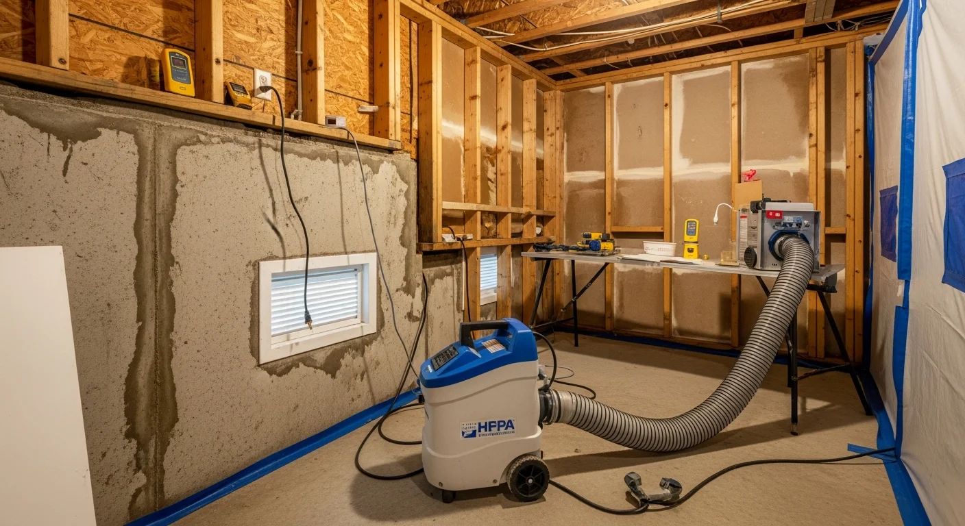 A technician in protective gear inspecting a crawl space beneath a wood-framed home in Highlands, NC, with visible moisture damage on floor joists. Containment sheeting is visible in the background during an active mold remediation job.