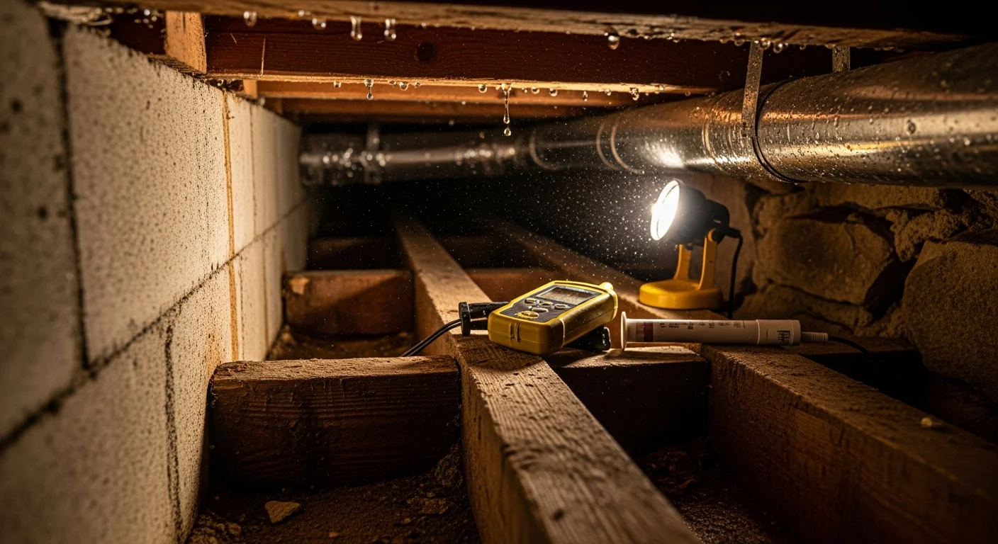 A mold testing professional collecting an air sample inside a wood-framed home in Highlands, NC. The inspector holds sampling equipment near a crawl space access point with visible moisture staining on the surrounding framing.