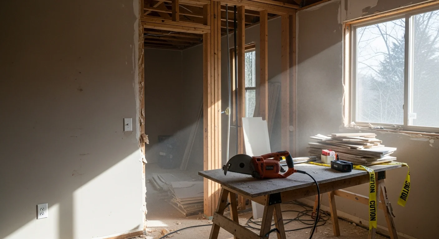 Interior of a Highlands, NC mountain property mid-selective demolition, with targeted wall sections removed and surrounding framing and finishes left intact. Debris is staged for removal while adjacent rooms remain undisturbed.