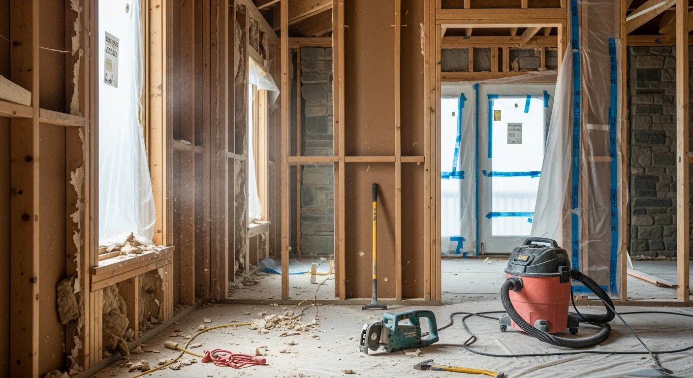 Interior of a Highlands, NC mountain home after wall removal, showing an open floor plan with exposed framing and cleared debris. A demolition crew from Asheville Global Environmental works in the background near timber-framed walls.